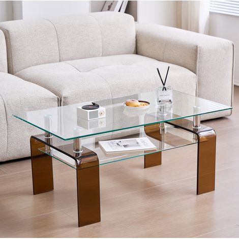 Mesa de centro de vidrio templado transparente 100 cm con estructura metálica y 2 niveles (1/5)