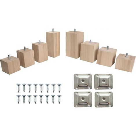 Pieds de rechange pour meubles carrés en chêne 80x80x60 mm, couleur hêtre, plaque de montage horizontale filetée M8, lot de 4, adaptés aux canapés. (1/3)