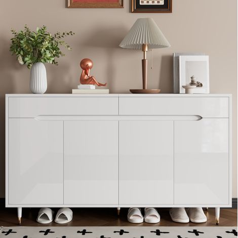 Meuble à chaussures 140x39x84 cm avec 2 portes, 2 tiroirs et étagères réglables, blanc et or (1/5)
