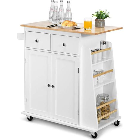 Goplus – Desserte de cuisine à roulettes en bois – Grand plateau 80 x 46 cm – 2 tiroirs et armoire – Support à épices 3 niveaux – Roues verrouillables (1/5)