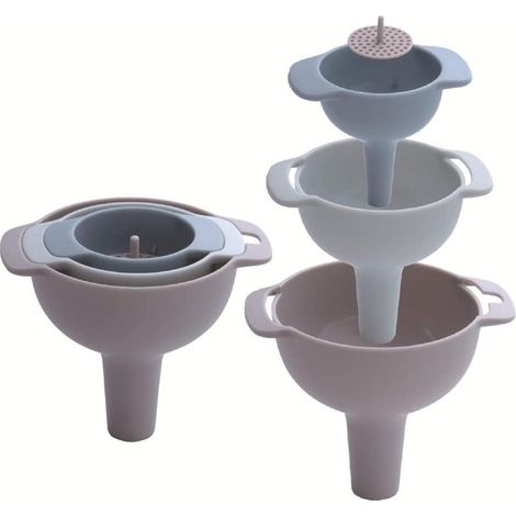 Entonnoir De Cuisine - 3 Pièces En Plastique Alimentaire Avec Filtre Détachable - Pour Liquides Et Poudres - Diamètres 6 8 10 Cm - Set Entonnnoirs Empilables (1/5)