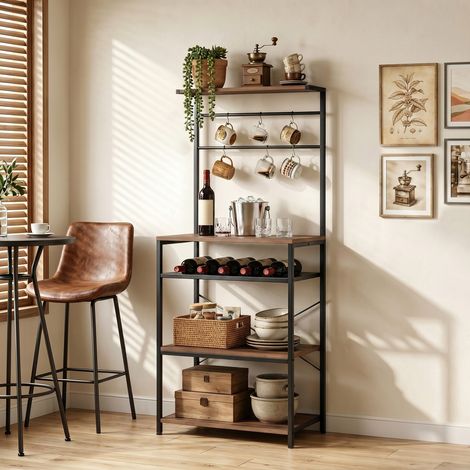 Étagère Autoportante Style Industriel avec 6 Crochets, Support à Bouteilles, Finition Noyer, Meuble de Rangement Polyvalent pour Salon ou Cuisine (1/5)