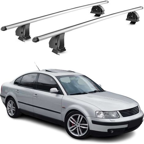 OMAC Aluminium Dachträger Querträger für VW Passat B5 Limo 1996-2005 4Tür – TÜV / DIN 75302:2019 – Abschließbar – T-Nut – Max. 75 kg – 2 Stangen – Silber (1/5)