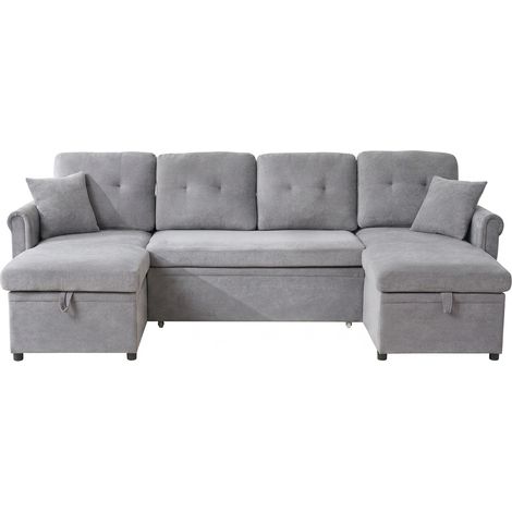 Canapé d’angle en U convertible gris en chenille, canapé-lit 4 à 5 personnes avec double coffre de rangement pour salon (1/5)