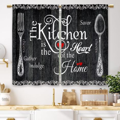 Rideau court à motif cuillère et fourchette vintage, 2 pièces (66 x 91 cm), noir, pour cuisine, salle de bain, salon, chambre.