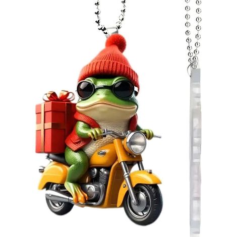 Noël grenouille décoration motif fantaisie grenouille avec bonnet de Père Noël Riding Motorcycle acrylique pendentif Noël suspendu au sapin décoration pour le sapin fenêtre décoration de voiture (1/5)