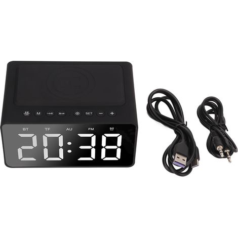 Réveil numérique sans fil noir FM avec chargeur de téléphone, miroir LED, mémoire électronique, carte lisible. (1/5)