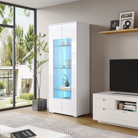 Vetrina con 2 Ante in Acrilico, 4 Ripiani in Vetro Temperato, LED, 70×40×173 cm, MDF, Bianco (1/5)