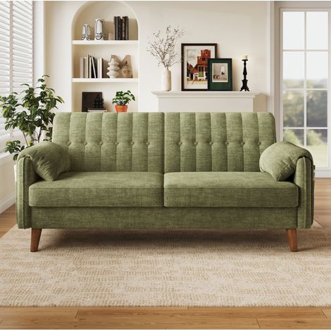 Divano 2 posti in ciniglia verde, 161,5 x 79 x 83,5 cm, con 2 cuscini per braccioli DESVIAE (1/5)