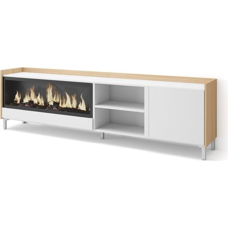 Skraut Home - Mueble TV, Televisión, Muebles de salón, almacenaje, 212x35x61cm, Para TV hasta 80", Chimenea eléctrica XXL, Diseño industrial, Estilo Moderno, Blanco y roble soft (1/5)