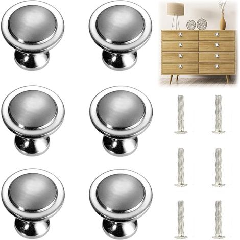 Pomelli e maniglie per mobili, 6 pezzi Maniglia per mobile in argento massiccio Maniglia per mobili rotonda in acciaio inossidabile argentato con viti Diametro 27 mm (1/5)