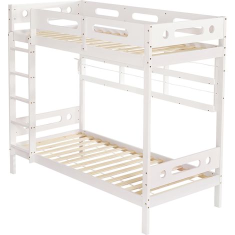 Lit superposé enfant bois massif + MDF blanc/naturel 90x200 cm, échelle 5 marches, rangements étagères (1/5)