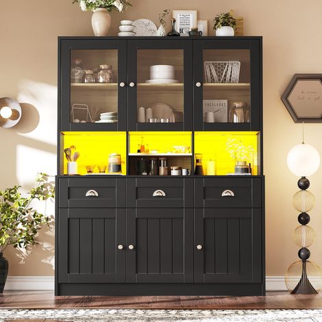 Buffet haut 140x40x175 cm blanc noir avec led couleurs réglables vitrine étagères réglables meuble cuisine moderne rangement (1/5)