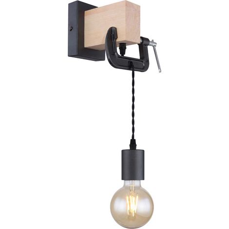Wandleuchte hängend Wandlampe aus Holz mit Schraubzwinge schwarz, 1x E27, Textilkabel schwarz, 14x28x15cm, Flur Schlafzimmer Treppenhaus Wohnzimmer (1/5)