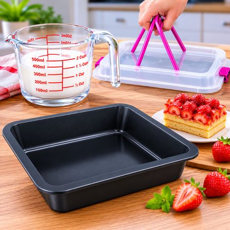 Set básico para repostería (2 piezas): bandeja para tartas de acero al carbono con tapa y jarra medidora de cristal de 500 ml (1/5)