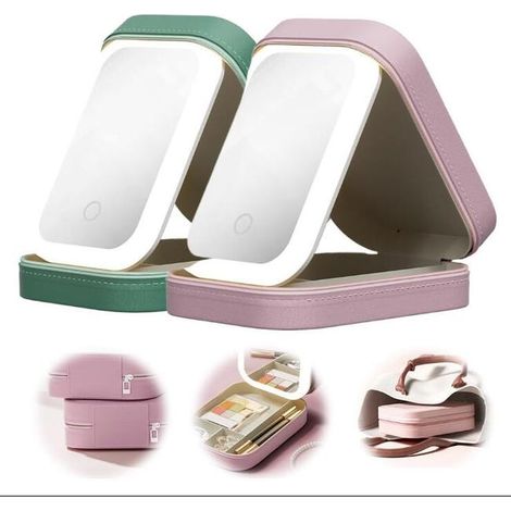 Miroir de maquillage réglable tricolore Led 2 pièces, miroir de maquillage Rechargeable avec lumière Led avec boîte de rangement, rose + vert (1/5)