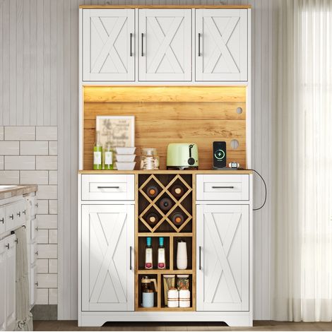 Meuble haut de cuisine LED, range-bouteilles, 105 x 40 x 180 cm, MDF, naturel et blanc, OKWISH (1/5)