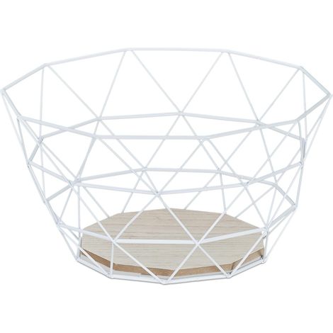 Corbeille à Fruits, Panier décoratif, légumes, Fer & Bois, Design Industriel, HxLxP : 14,5x28x28 cm, Blanc