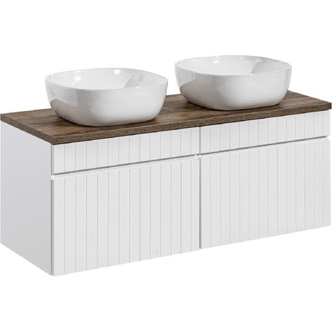 Double meuble sous vasques suspendu ICONIC blanc 120 cm avec le plan chêne Santa Fe et ses 2 vasque Smile (1/5)