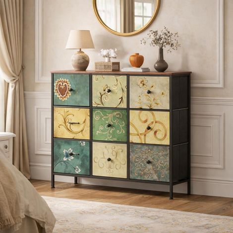 Schmale Kommode mit 9 Stoffschubladen, Metallrahmen, Holzplatte, Vintage Boho Stil (1/5)
