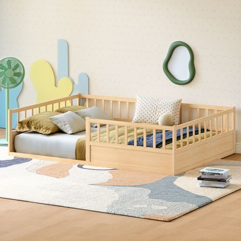 Kinderbett Bodenbett aus massivem Kiefernholz Natur 140x200 cm mit 3 Schutzseiten und Lattenrost