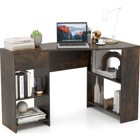 COSTWAY L-Shaped Computer Desk Compact Corner Executive Desk w/Storage-Brown (1/5)