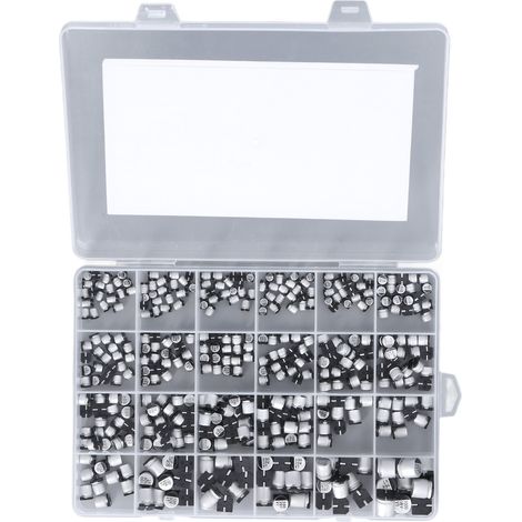 Kit d'assortiment de 400 condensateurs électrolytiques CMS noirs en aluminium, 24 valeurs de 1 µF à 1000 µF. (1/5)