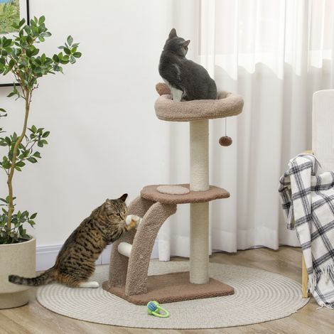 Árbol para Gatos Altura 88 cm Torre para Gatos con Nido Plataformas Bola Colgante Escalera y Poste de Sisal Café (1/5)