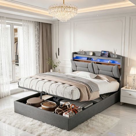 Cama tapizada de 140x200cm – Lino – Almacenamiento hidráulico – Puerto USB – Iluminación LED regulable – Estructura de madera con lamas – Diseño moderno