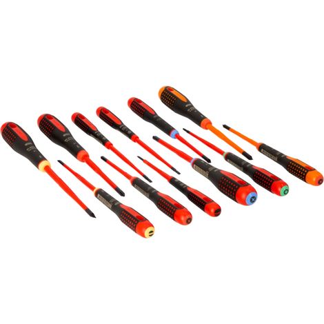 Bahco ERGO Isolierter Schraubendreher-Satz für Schlitzschrauben mit 3-Komponenten-Griff, VDE-zertifiziert, Slim-Klinge 12 mm - 12-tlg.