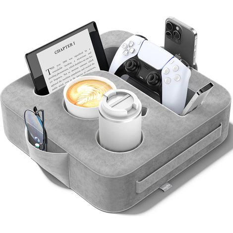 Coussin Porte-Gobelet pour Canapé, Organisateur Accoudoir Multifonctionnel avec 2 Emplacements pour Tasses + Support Téléphone/Télécommande, Coussin Rangement pour Salon, Gris Clair (1/5)