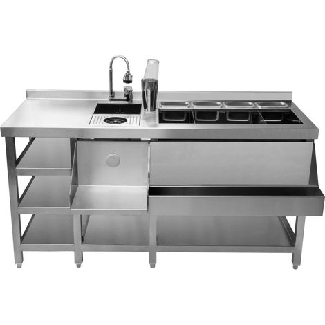 Station de Bar à Cocktail Acier Inoxydable 152 cm x  78cm Bac à Glaçons 91 L Adaptable [Jet, Robinet, Shaker & Bac GN 1/9 INCLUS] Bar Restaurant HORECA Café Aménagement Meuble Evier Planc de Travail