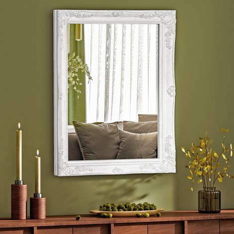 35.4in x 27.5in Vintage French-Style Wall Mirror with Ornate White Carved Frame - Decorative Accent for Living Room & Bedroom (1/5)
