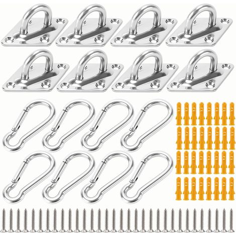 Lot de 16 Fixations pour Voile d'Ombrage en Acier Inoxydable – Kit de 8 Plaques à Œil 6,5 cm et 8 Mousquetons 6 cm avec Vis – Fixation pour Toile d'Ombrage Extérieur (1/5)