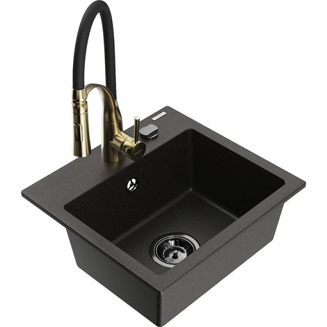 Mexen Milo évier en granit 1 bac avec robinet de cuisine Aster, noir/doré métallisé - 6505-75-73450-57-B (1/5)