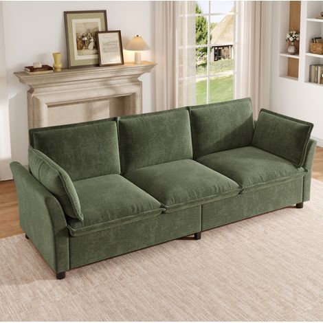 Canapé 3 places XXL en chenille verte 220 cm, avec 2 coussins d’accoudoir, REDOM (1/5)
