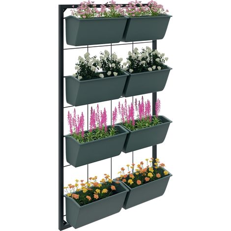Étagère murale verticale à quatre niveaux pour la culture de légumes avec 8 pots de fleurs, en acier et plastique, mesurant 52x14x90 cm, en vert foncé et noir. (1/5)