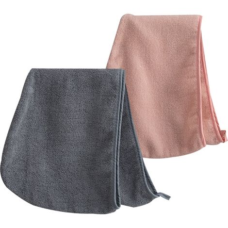 Lot de 2 serviettes en microfibre pour cheveux, bonnet à séchage rapide, anti-frisottis, fixation avec bouton pour cheveux longs, épais et bouclés - gris et rose