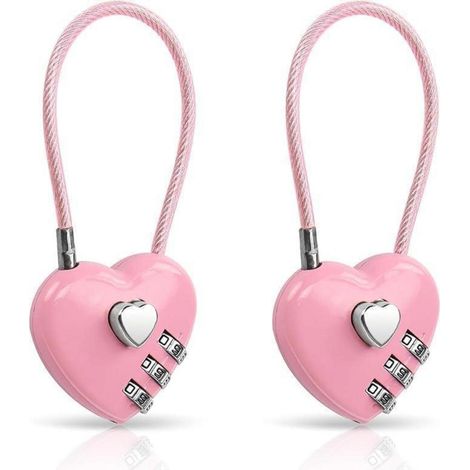 2x Cadenas à combinaison Rose Cœur 3 chiffres Homologué TSA pour bagages et casiers