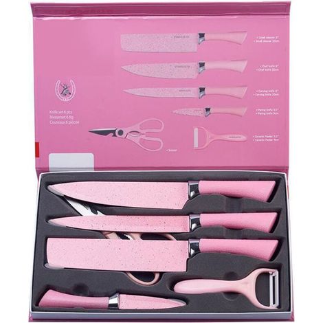 Ensemble de 6 couteaux de cuisine colorés en acier inoxydable avec manche ergonomique rose pour découpe (1/5)