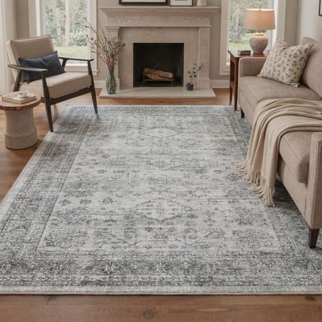 Tapis Salon Vintage 160x230cm Lavable en Machine Rug Grand AntidéRapant Poil Ras, pour Chambre Salle a Manger Descente de Lit Bureau, Cuisine, Gris Patiné (1/5)