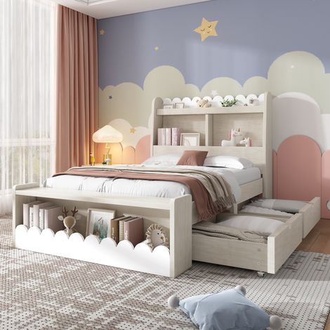 Lit simple en bois 90x200cm - avec 2 tiroirs et étagères - Blanc (matelas non inclus) (1/5)