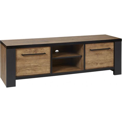 ETIENNE - Meuble TV 2 Portes et 2 Niches Aspect Bois finition Denver et Noir (1/4)