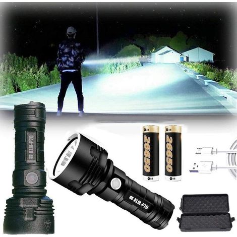 Lampe de poche étanche LED haute puissance 30000-100000 lumens, Ultra lumineuse 3 modes la plus puissante rechargeable USB XLM-P70 50W (50W XLM-P70, Double batterie au lithium) (1/5)