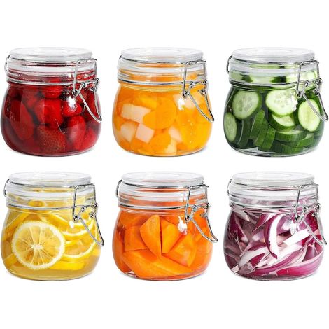 Lot de 6 bocaux en verre de 500 ml avec couvercles étanches et joints en silicone, parfaits pour conserver les aliments, épices, sucre, céréales, confitures, etc. Transparents (1/5)