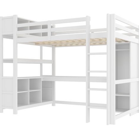 Letto a soppalco 140x200 cm con scrivania, scaffali e armadio in legno e MDF bianco MODENUIT (1/5)