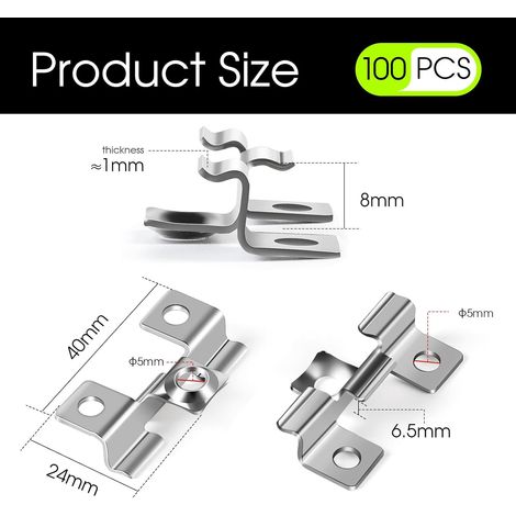 100 Clips WPC en acier inoxydable fixation pour terrasse 6.5mm Clips de fixation invisible Plage de serrage 6.5 mm, Argent (1/4)