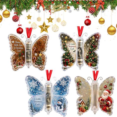 Irovami Ornement papillon porte-monnaie de Noël en acrylique avec fente pour carte cadeau, décoration festive à suspendre pour les fêtes, idée de cadeau en argent pour le sapin de Noël. (1/5)