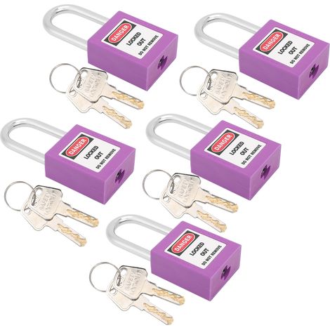 5 jeux de cadenas de 38 mm pour consignation et étiquetage, résistants à l'usure, avec 10 clés et étiquettes inscriptibles pour la sécurité des bâtiments industriels (violet) (1/5)