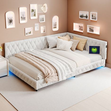 Lit d'Angle 140x200 cm en Bouclette Teddy, Cadre de Lit avec Tête de Lit en L Matelassée, Éclairage LED et Prises USB/Type-C, Beige